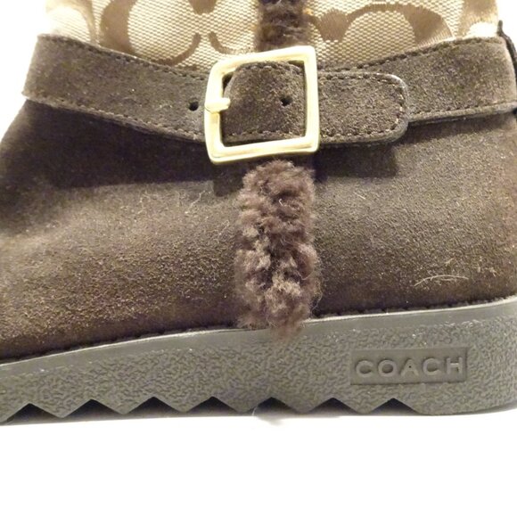 COACH DeeAnn Brown Suede Fur Trimmed Boots Size 8 Monogram Jacquard - Picture 3 of 9